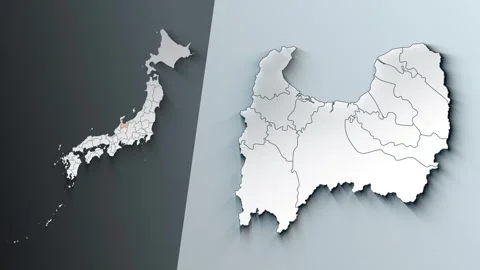 Animated Map of Toyama State Highlighted Within Japan with Prefectures Borders Stock Footage 343973687