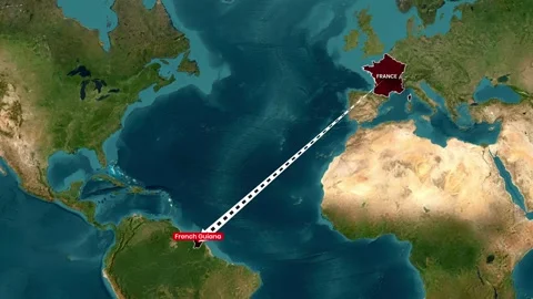 Animated map tracing geographic connection from France to French Guiana Stock Footage 334694504