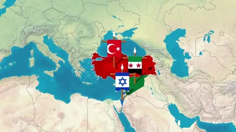 Animated Map Zoom and Flag Highlighting for Turkey, Syria, and Israel Stock Footage 343607671