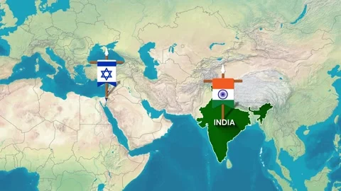 Animated Map Zoom Highlighting Diplomatic Relations Between India and Israel Stock Footage 343705670