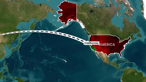 Animated Map Zoom Highlighting Long-Range Path from Iran to California USA Stock Footage 342812140