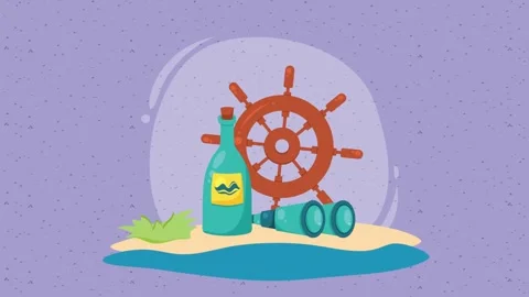 Animated marine adventure elements with ship wheel telescope and message bo.. Видео 338425356