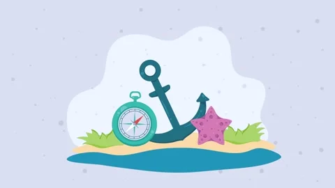 Animated marine scene featuring a nautical anchor compass and starfish on a.. Stock Footage 339254905