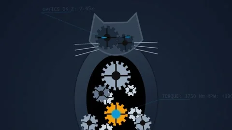Animated Mechanical Cat With Turning Gears And Glowing Blue Eyes Stock Footage 340523422