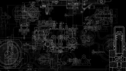 Animated mechanical engineering blueprint with truck and engine drawings Stock Footage 340154170