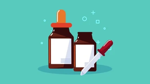 Animated medicine bottles with dropper on solid green background for medica.. Stock Footage 339047171