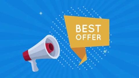 Animated megaphone with best offer text bubble on blue background motion gr.. Stock Footage 338313334
