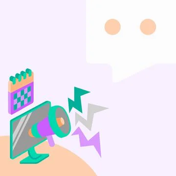 Animated megaphone in front of a computer, producing lighting bolts - concept of Stock Illustration