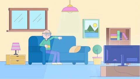 Animated Middle Aged Man Sitting On Sofa And Watching TV Vidéo 305236250