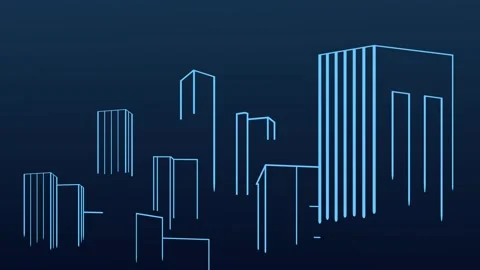 Animated Minimalist Light Blue Wireframe Cityscape Skyline on Dark Background Vídeo Stock 343699743