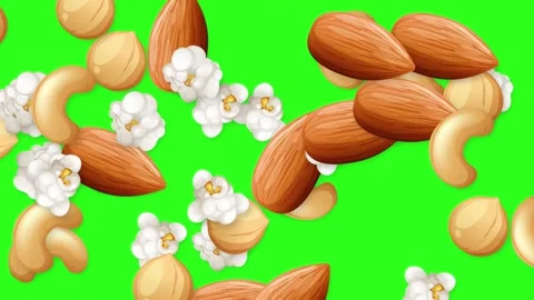 Animated Mixed Nuts and Popcorn Falling on Green Screen Background Stock Footage 345703564