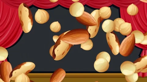 Animated Mixed Nuts Bursting and Falling Across a Red Theater Stage Stock Footage 344835174