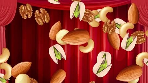 Animated Mixed Nuts Falling Against a Red Theater Curtain Background Stock Footage 343699060