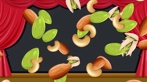 Animated Mixed Nuts Falling Against Red Theater Curtain Background Stock Footage 344931730