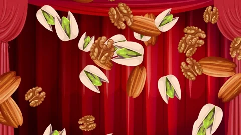 Animated Mixed Nuts Falling Against a Red Stage Curtain Background Stock Footage 346435730