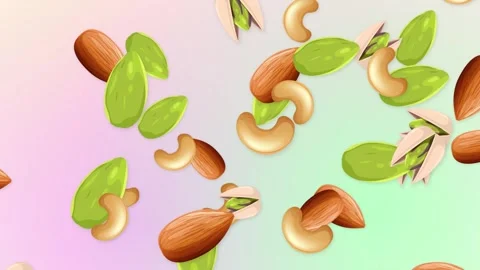 Animated Mixed Nuts Falling Over Colorful Pastel Mesh Gradient Background Stock Footage 345209048