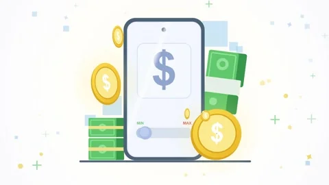 Animated Mobile Banking App with Dollar Symbol Gold Coins and Cash for Financia 動画素材 347263280