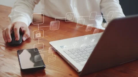 Animated model of a block diagram of the protection of databases and financial Stock Footage 287488587