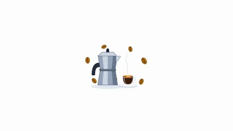 Animated moka pot brewing fresh espresso with floating coffee beans. 4K Stock-Footage 344846358