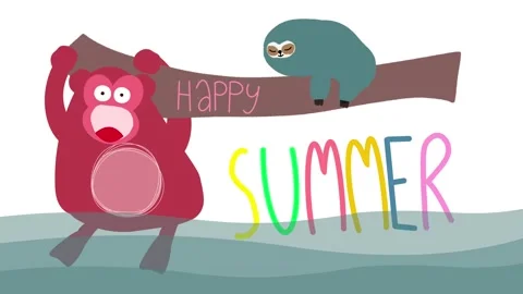 Animated monkey and sloth at the beach celebrating "Happy Summer" Stock-Footage 311847595