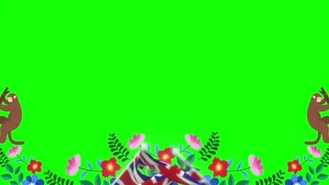 Animated monkeys dancing with waving national flags over floral border against Stock Footage 343804972