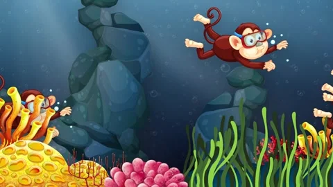 Animated Monkeys with Goggles Swimming in a Vibrant Underwater Coral Reef Stock Footage 346435537