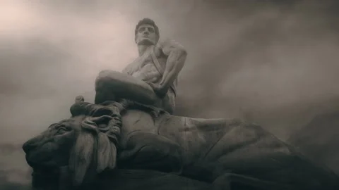 An Animated Monochromatic Statue of a warrior and a lion in bad weather Stock Footage 255689406