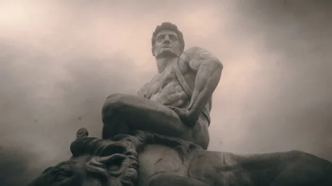 Animated Monochromatic Statue of a warrior and a lion in bad weather Stock Footage 255689587