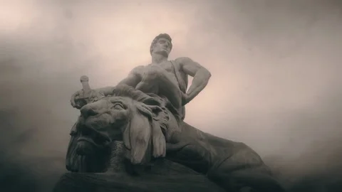 Animated Monochromatic Statue of a warrior and a lion Stock Footage 255689937