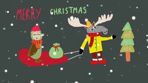 Animated moose pulls sleigh with bird and gifts in snowy Stock Footage 314308793