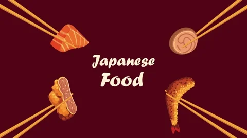 Animated motion graphic featuring traditional japanese food items held by c.. Stock Footage 339212600