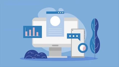 Animated motion graphic showing computer monitor and smartphone with digita.. Stock Footage 338896053