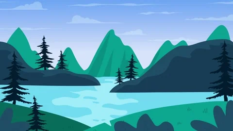 Animated Mountain Landscape with River and Pine Forest Nature Background Stock Footage 324859342