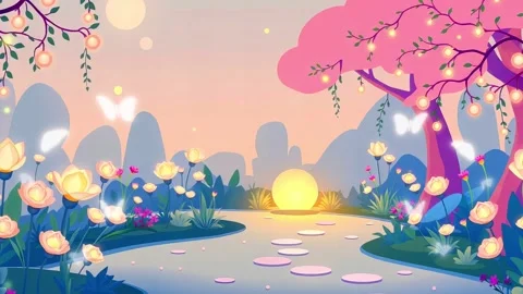 Animated Mountain Light Tree Flower Design River side Cartoon: Animated video o Stock Footage 306505321