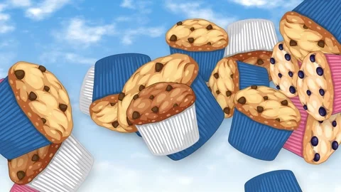 Animated Muffins and Cupcakes Falling Through a Bright Blue Sky Stock Footage 344843119