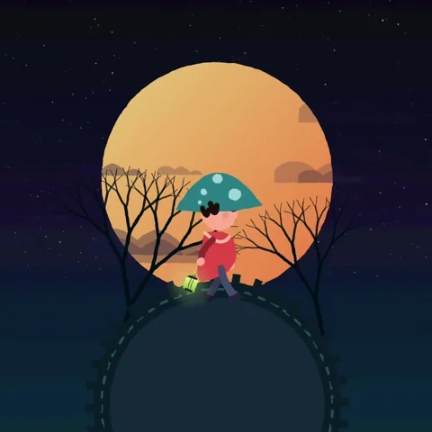 Animated Mushroom Character Walking on Tiny Planet with Giant Moon Stock Footage 333495984