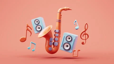 Animated musical instruments and notes floating in a colorful studio with s.. Stock Footage 332315607