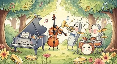 Animated musical instruments playing in a forest clearing, joyful outdoor c.. Stock Illustration