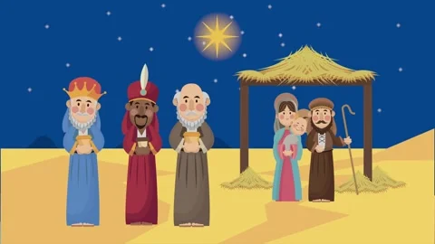 Animated nativity scene featuring the three wise men visiting baby jesus un.. Stock Footage 339266110