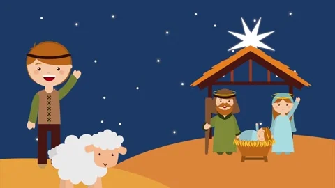 Animated nativity scene with shepherd and sheep worshiping baby jesus in a .. Video stock 339049023