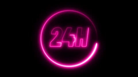 Animated neon 24 hours text with circle on Black background Stock Footage 273137386