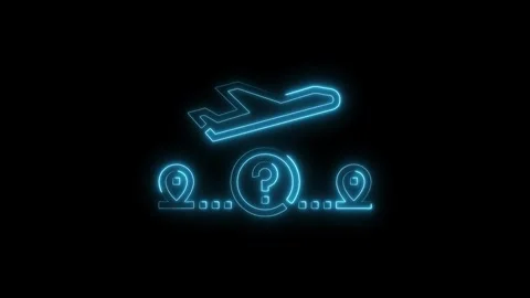 Animated neon airplane flying between location pin icons with question mark.. Stock Footage 312328623