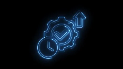 Animated neon blue gear with checkmark and clock symbolizing efficiency pro.. Stock Footage 346008863