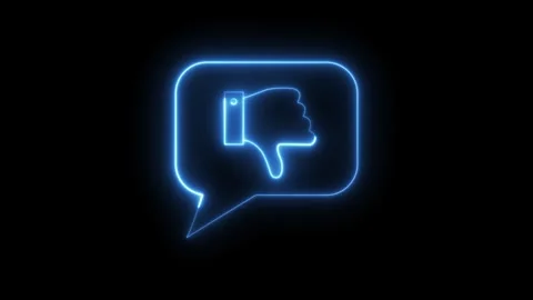 Animated neon blue thumbs down symbol in a chat bubble on a dark background.. Stock Footage 318141917