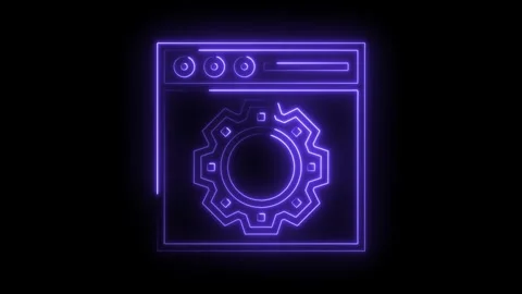 Animated neon browser window with a gear icon on a black background tech Stock Footage 322986202
