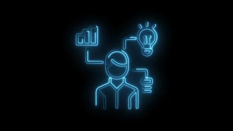 Animated neon business man thinking and processing data with ideas on black.. Stock Footage 345987747