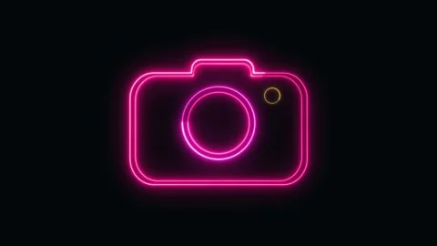 Animated neon camera icon with pink and purple glowing effects on dark abst.. Stock Footage 321442709