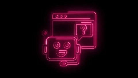 Animated neon chatbot and question icon pink glow on black background Stock Footage 345997940
