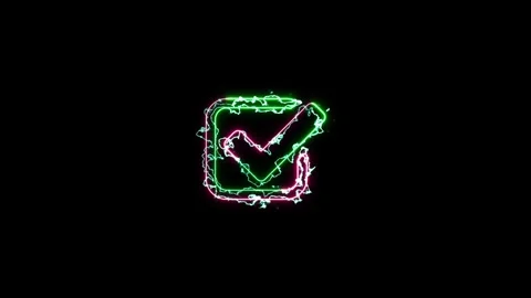 Animated neon check mark icon glowing on a black background for digital des.. Stock Footage 320239881