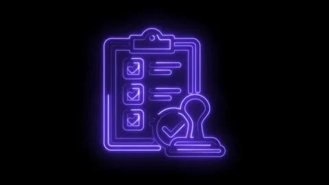 Animated neon checklist with stamp approval glows on a dark background Stock Footage 330777778